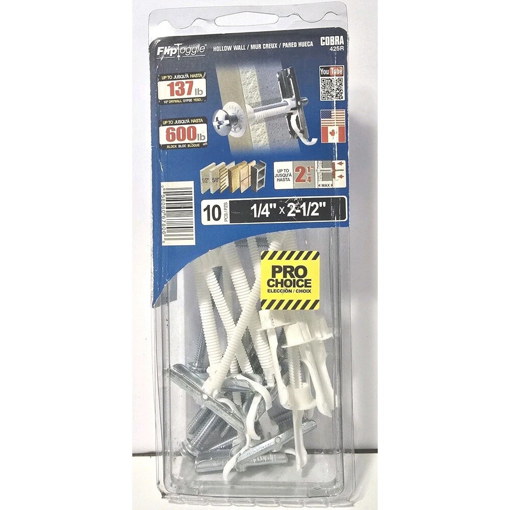 Cobra FlipToggle 1/4" x 2‑1/2" Hollow Wall Anchors w/ Bolts 10 Pack Heavy Duty